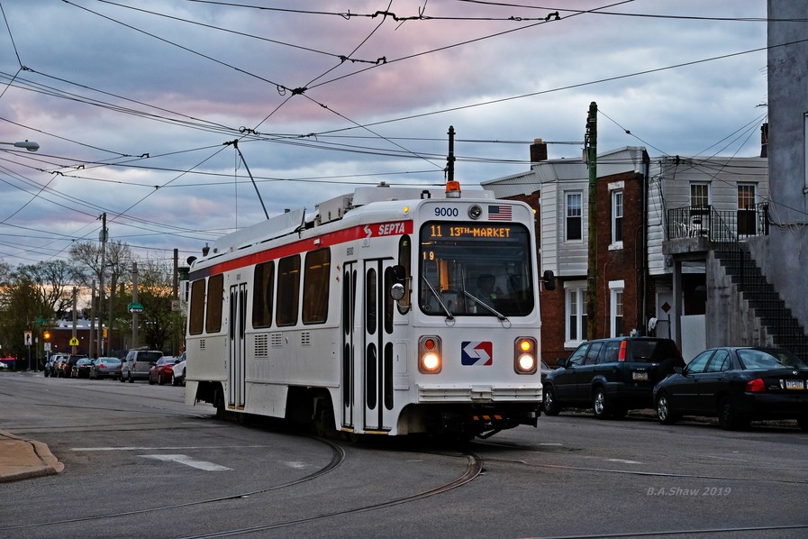 9000 at 49th and Greenway, April 15th, 2019
Taken by Brandon S.

This Route 11 trolley is on an extended detour, due to the Woodland Avenue bridge being reconstructed. Trolleys follow 49th Street to Chester Avenue, and take Chester Avenue to the Portal.
